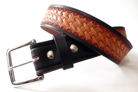 Brown and Tan Basket Stamped Belt