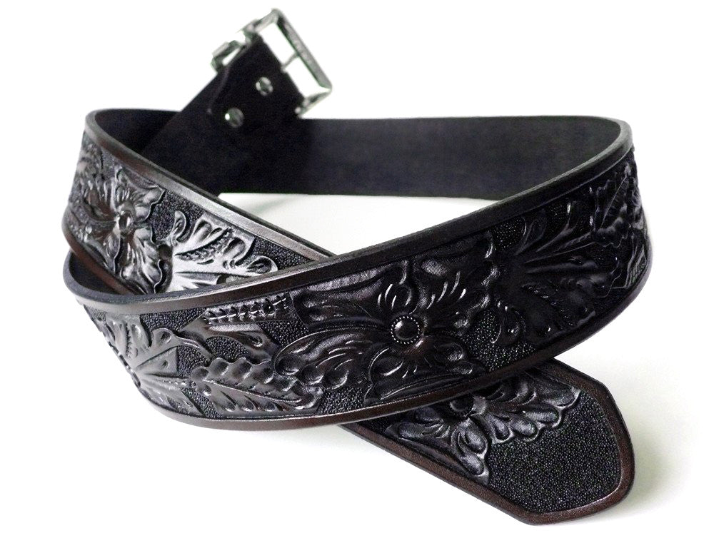 Vintage hand tooled roses belt with silver etched belt buckle size 27.5 waist Western Rose Belt Buckle - Brass or Silver main image 3